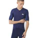 Close-up of the collarless low profile neckline and full length zip on the Vinciane jersey