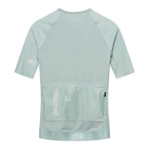 Back of the Cafe du Cycliste Vinciane women’s jersey showing the three rear pockets and gripper hem