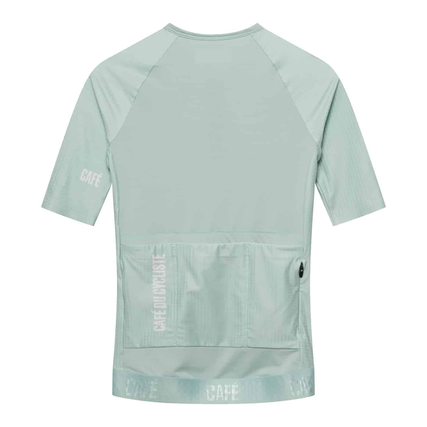 Back of the Cafe du Cycliste Vinciane women’s jersey showing the three rear pockets and gripper hem
