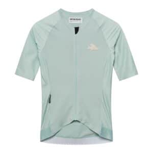 Cafe du Cycliste Vinciane women’s superlight jersey in jadeite green, front view on a white background