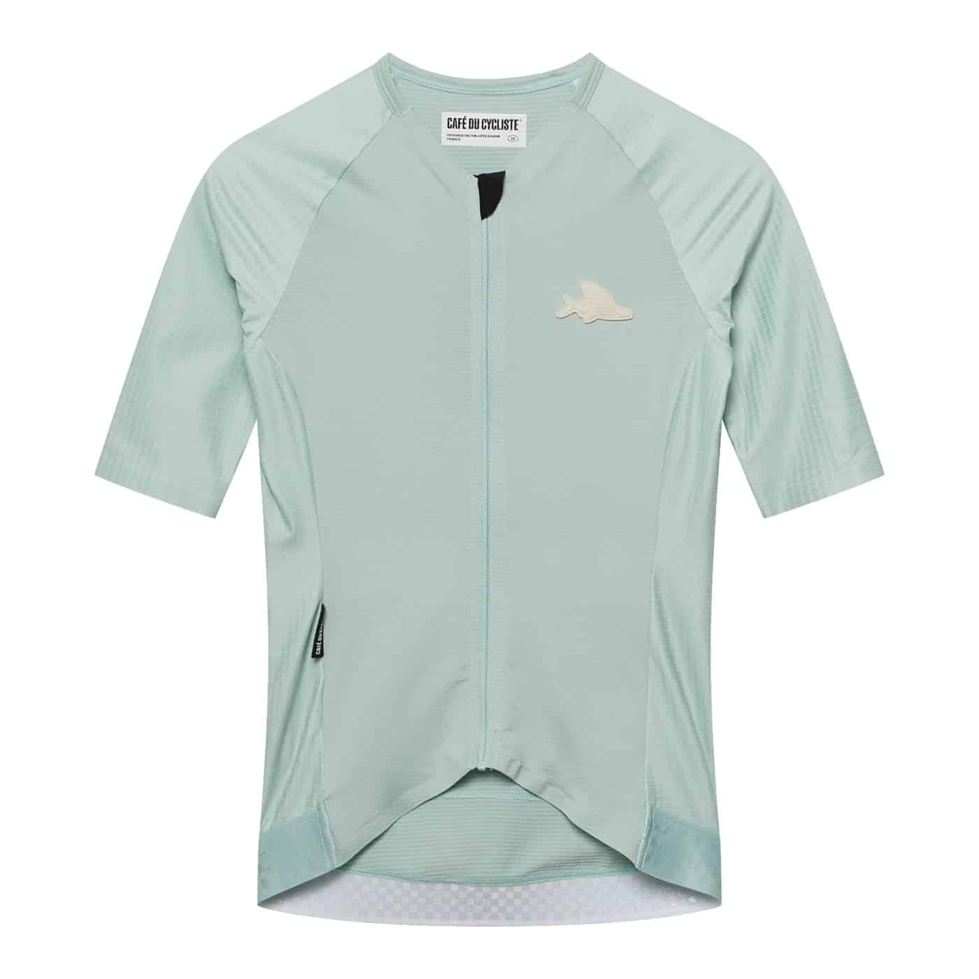 Cafe du Cycliste Vinciane women’s superlight jersey in jadeite green, front view on a white background