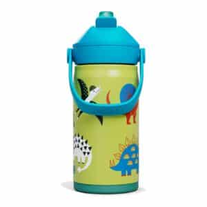 CamelBak Thrive Flip Straw Kids 12oz (350 ml) insulated stainless steel water bottle, Dino Jam dinosaur print, front view with carry handle and straw closed