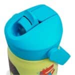 CamelBak Thrive Flip Straw Kids 12oz (350 ml) insulated stainless steel water bottle, close-up of the Dino Jam flip-straw lid closed and leakproof