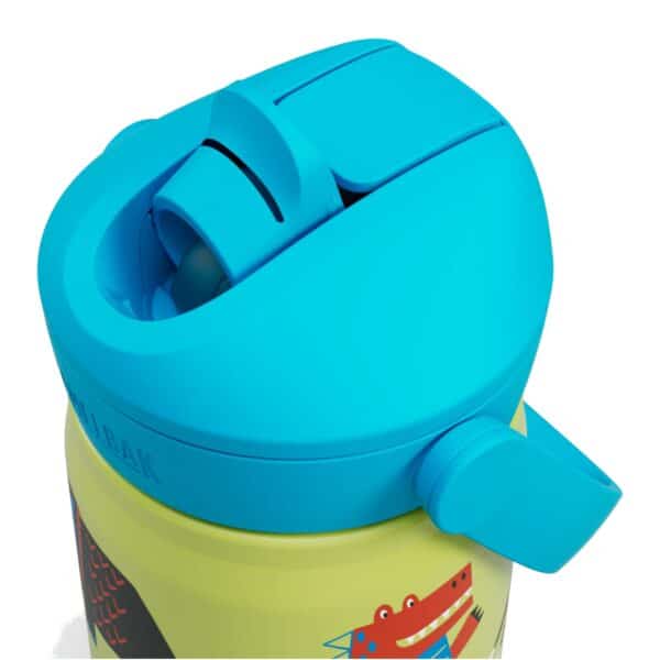 CamelBak Thrive Flip Straw Kids 12oz (350 ml) insulated stainless steel water bottle, close-up of the Dino Jam flip-straw lid closed and leakproof