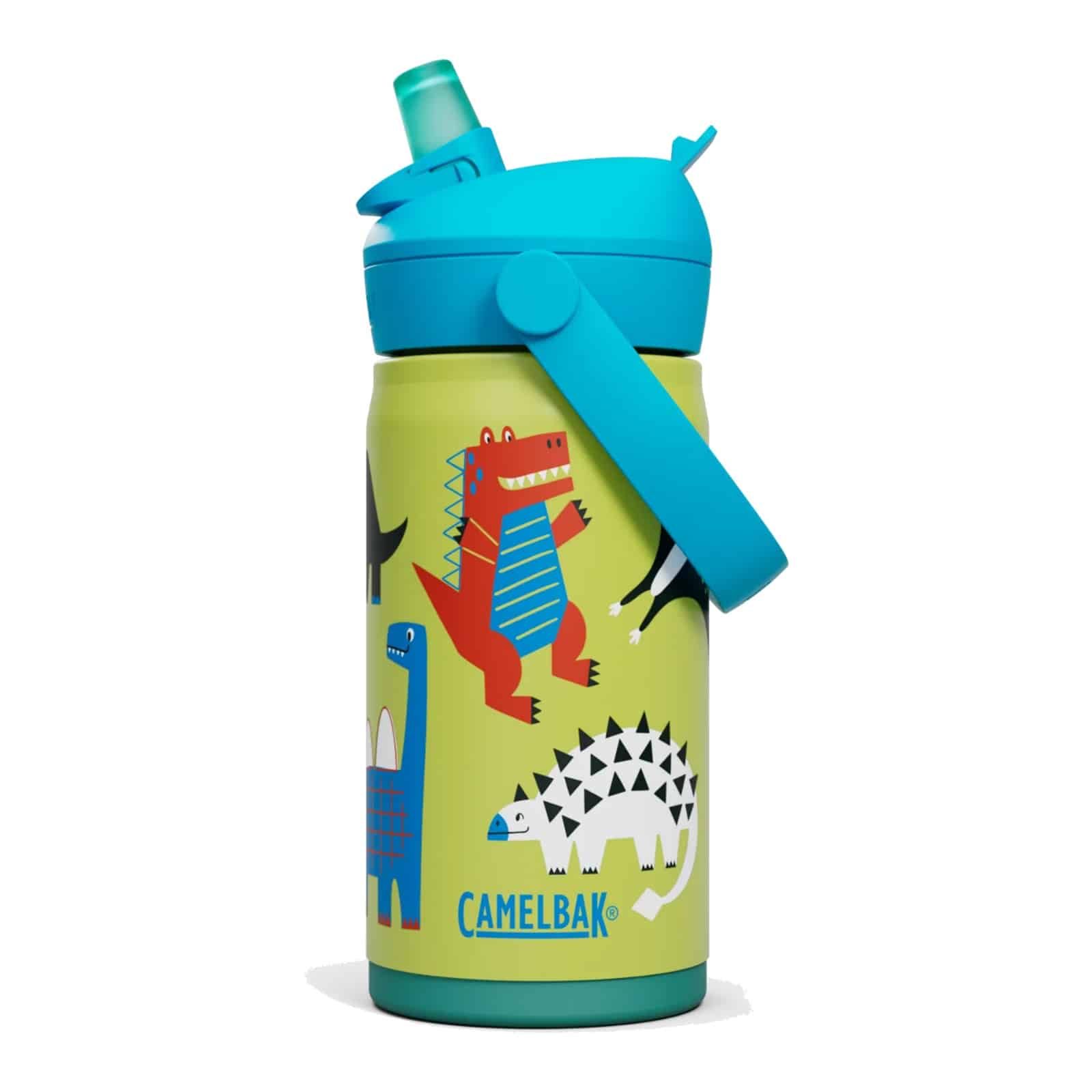 CamelBak Thrive Flip Straw Kids 12oz – Dino Jam, three-quarter view CamelBak Thrive Flip Straw Kids 12oz (350 ml) insulated stainless steel water bottle, Dino Jam dinosaur print, straw flipped up ready to drink