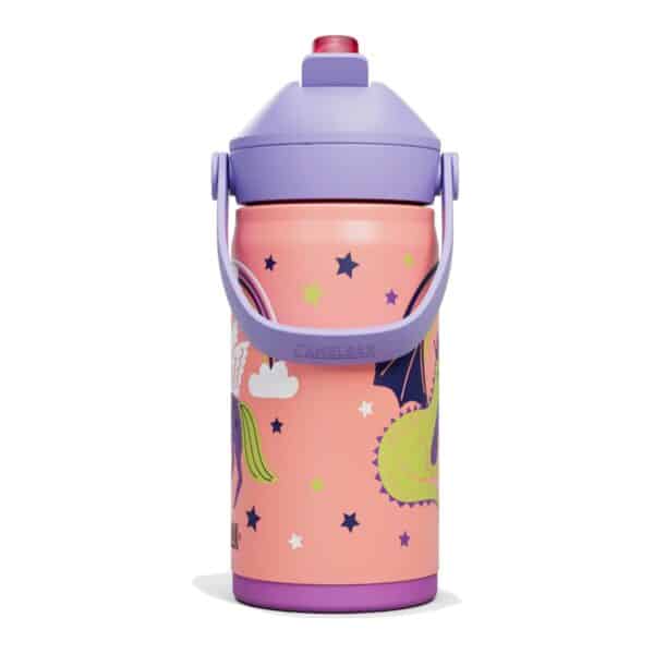 CamelBak Thrive Flip Straw Kids 12oz (350 ml) insulated stainless steel water bottle, Magic Unicorns print, front view with carry handle and straw closed