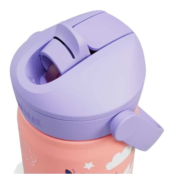 CamelBak Thrive Flip Straw Kids 12oz (350 ml) insulated stainless steel water bottle, close-up of the Magic Unicorns flip-straw lid closed and leakproof