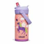 CamelBak Thrive Flip Straw Kids 12oz (350 ml) insulated stainless steel water bottle, Magic Unicorns print, straw flipped up ready to drink