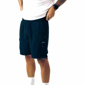 Dérive DRFT men’s cargo shorts in black, front view on model, drawcord waistband and cargo pocket with Dérive logo