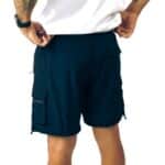 Dérive DRFT black cargo shorts, rear view with zipped cargo pocket and relaxed fit