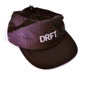 Dérive DRFT Five Panel Cap in Midnight Black ripstop nylon, front view showing the structured five-panel crown and DRFT logo