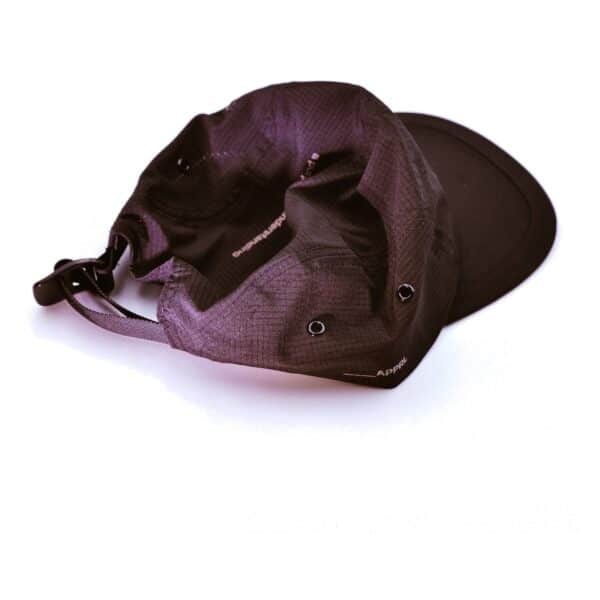 Dérive DRFT Five Panel Cap in Midnight Black ripstop nylon, side view showing the laser-cut side vents and adjustable rear strap