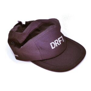 Dérive DRFT Five Panel Cap in Midnight Black ripstop nylon, three-quarter front view with DRFT logo and peak