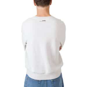 Dérive DRFT light grey cotton sweatshirt, worn back view showing the relaxed fit, dropped shoulder and small neck print