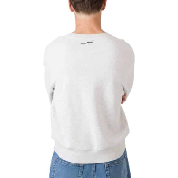 Dérive DRFT light grey cotton sweatshirt, worn back view showing the relaxed fit, dropped shoulder and small neck print