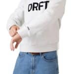 Dérive DRFT light grey cotton sweatshirt, sleeve and ribbed cuff detail with the _Dérive cuff print and the DRFT chest logo