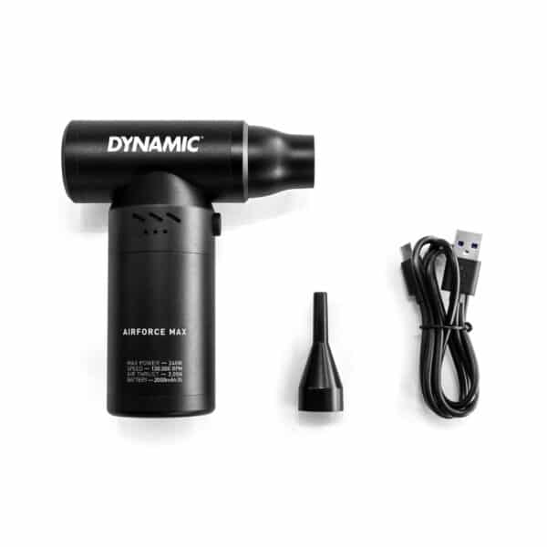 Dynamic AirForce Max bike blower with extra detail nozzle and USB-C charging cable
