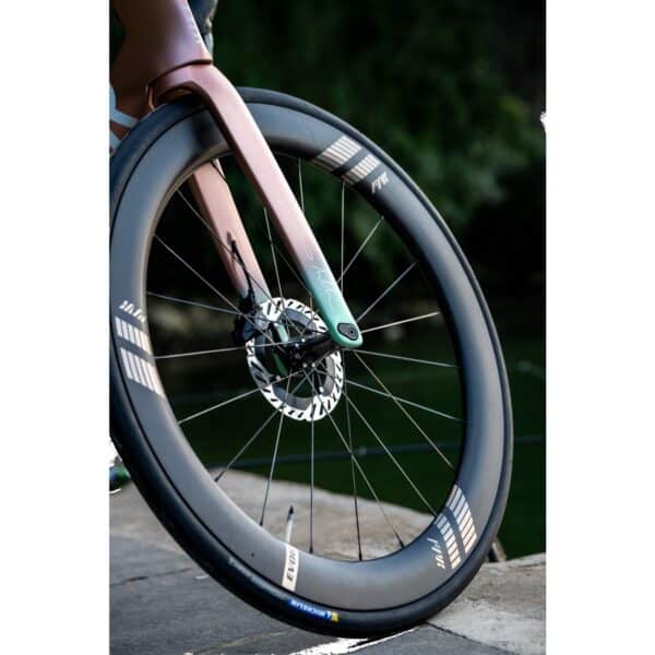 Farsports EVO C5 carbon front wheel fitted in a road fork with a centre-lock disc rotor
