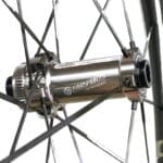 Close-up of the Farsports EVO S front hub with its larger flange and centre-lock rotor mount