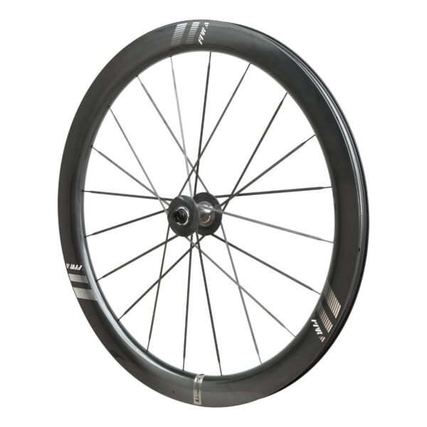 Angled view of the Farsports Ultimate EVO S5 front wheel and carbon spoke lacing