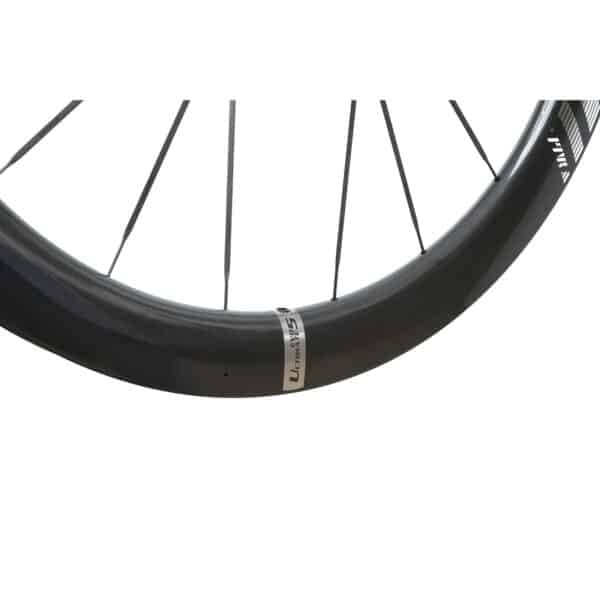 Close-up of the Farsports Ultimate EVO S5 hooked tubeless-ready carbon rim with the Ultimate EVO5 decal