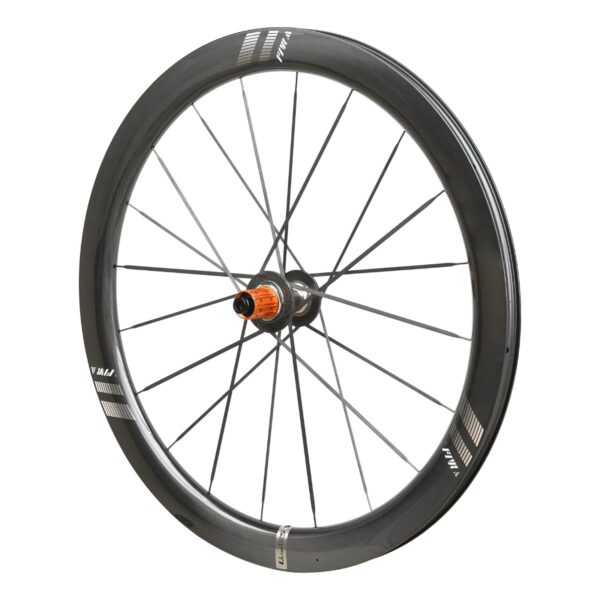 Farsports Ultimate EVO S5 rear wheel with 20 bladed carbon spokes and the orange Shimano HG freehub body