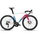 Polygon Helios A9 Di2 road bike in White/Pink, drive-side profile showing the ACX carbon aero frame, Shimano Dura-Ace Di2 groupset and LINC Alpha 45 carbon wheels
