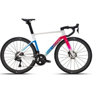 Polygon Helios A9 Di2 road bike in White/Pink, drive-side profile showing the ACX carbon aero frame, Shimano Dura-Ace Di2 groupset and LINC Alpha 45 carbon wheels
