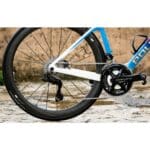 Close-up of the Shimano Dura-Ace Di2 2x12 drivetrain and LINC Alpha 45 carbon wheel on the Polygon Helios A9