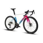 Front three-quarter view of the Polygon Helios A9 Di2 in White/Pink showing the aero fork profile and integrated carbon cockpit