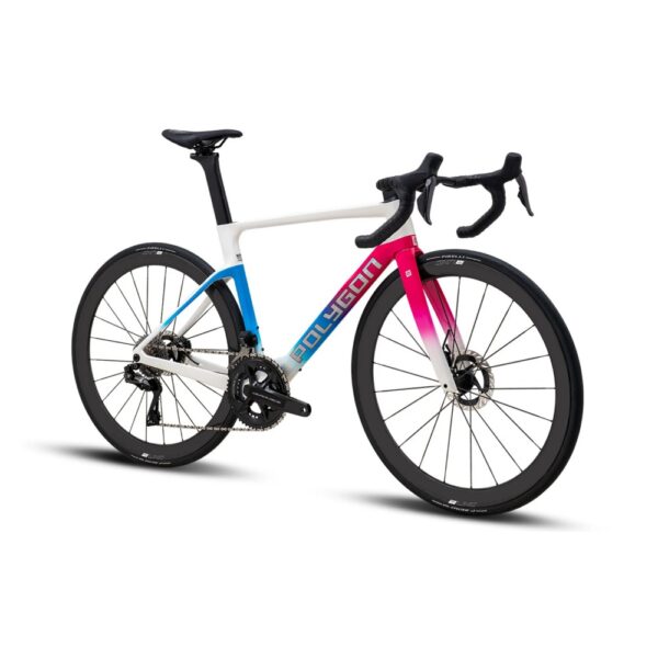 Front three-quarter view of the Polygon Helios A9 Di2 in White/Pink showing the aero fork profile and integrated carbon cockpit
