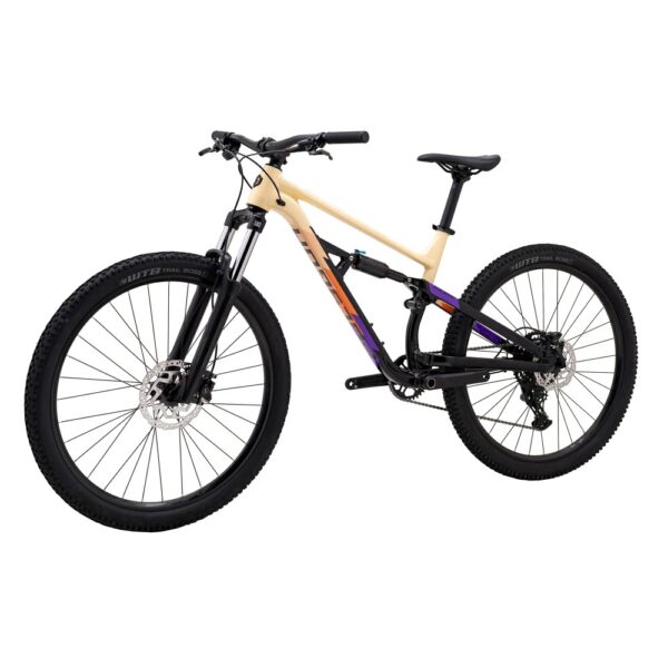 Rear three-quarter view of the Polygon Siskiu D5 showing the one-piece linkage suspension and 27.5 inch WTB Trail Boss tyres