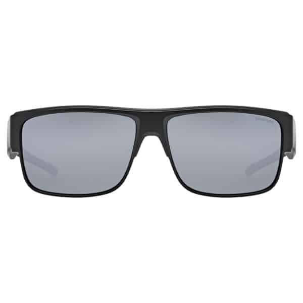 uvex obtic P polarised sunglasses, black matt frame with mirror silver category 3 lens, front view