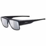 uvex obtic P polarised sunglasses, black matt frame with mirror silver category 3 lens, front angled view