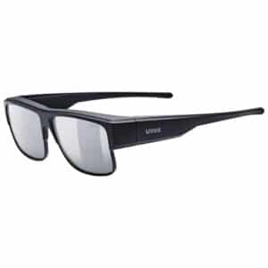 uvex obtic P polarised sunglasses, black matt frame with mirror silver category 3 lens, front angled view