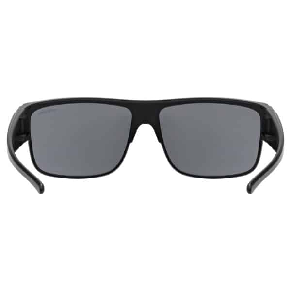 uvex obtic P polarised sunglasses, black matt frame with mirror silver category 3 lens, inside view showing the frame and temple detail