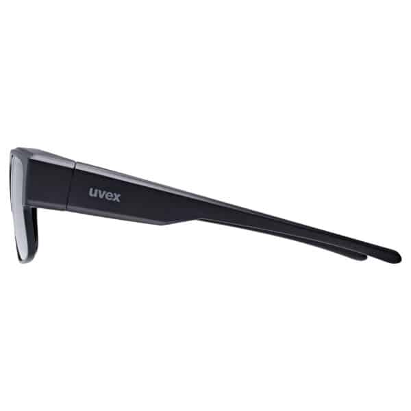 uvex obtic P polarised sunglasses, black matt frame with mirror silver category 3 lens, side view showing the temple arm