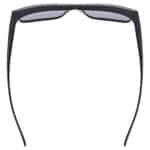 uvex obtic P polarised sunglasses, black matt frame with mirror silver category 3 lens, top view showing the frame curvature