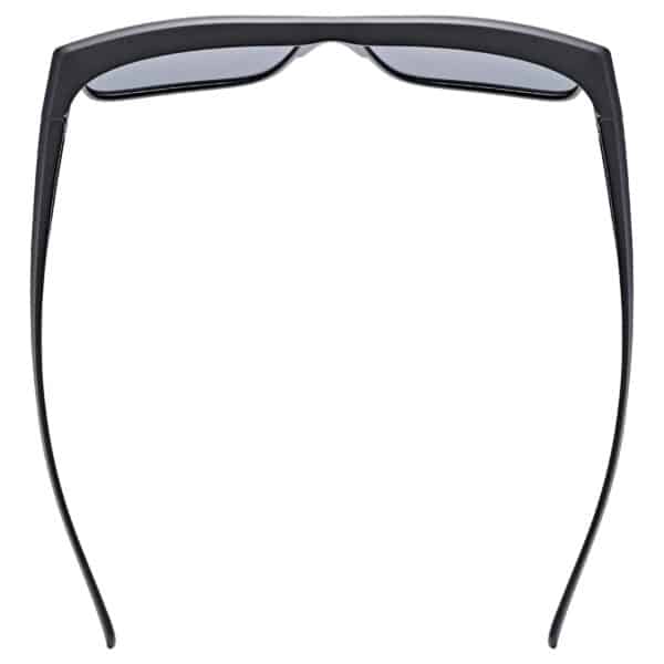 uvex obtic P polarised sunglasses, black matt frame with mirror silver category 3 lens, top view showing the frame curvature