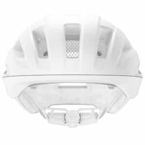 Front view of the uvex Traqa Mips helmet showing the mesh-covered front vents and the double in-mould lower edge