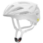 uvex Traqa Mips gravel bike helmet in all white matt, side profile showing the low-profile shell and strap