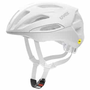 uvex Traqa Mips gravel bike helmet in all white matt, side profile showing the low-profile shell and strap