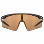 uvex ultimate pace ultra V CV photochromic sports glasses, black matt frame with variomatic colorvision mirror red lens, front view showing the full shield lens