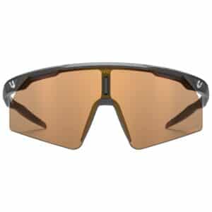 uvex ultimate pace ultra V CV photochromic sports glasses, black matt frame with variomatic colorvision mirror red lens, front view showing the full shield lens