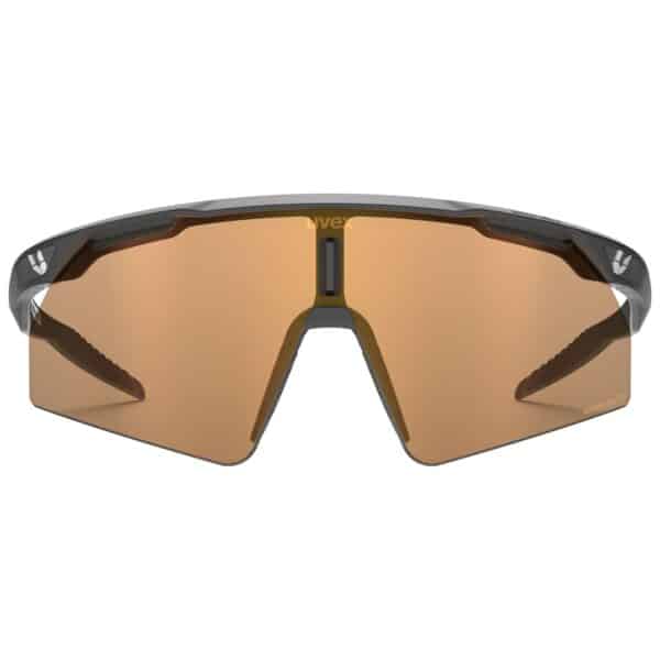 uvex ultimate pace ultra V CV photochromic sports glasses, black matt frame with variomatic colorvision mirror red lens, front view showing the full shield lens