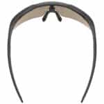 uvex ultimate pace ultra V CV photochromic sports glasses, black matt frame with variomatic colorvision mirror red lens, top view showing the airvent ventilation and lens wrap
