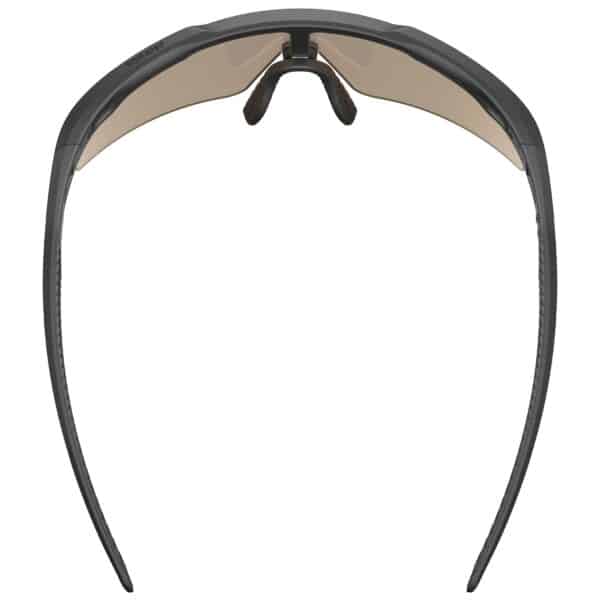 uvex ultimate pace ultra V CV photochromic sports glasses, black matt frame with variomatic colorvision mirror red lens, top view showing the airvent ventilation and lens wrap