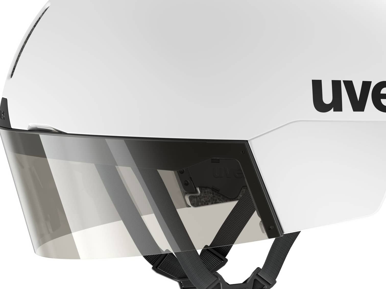 Close-up of the CFD-optimised aero shell and tail of the uvex Ultimate Race X, with the visor sitting proud of the shell for passive ventilation