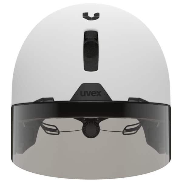 Front view of the uvex Ultimate Race X showing the litemirror silver category 2 visor and its magnetic mount