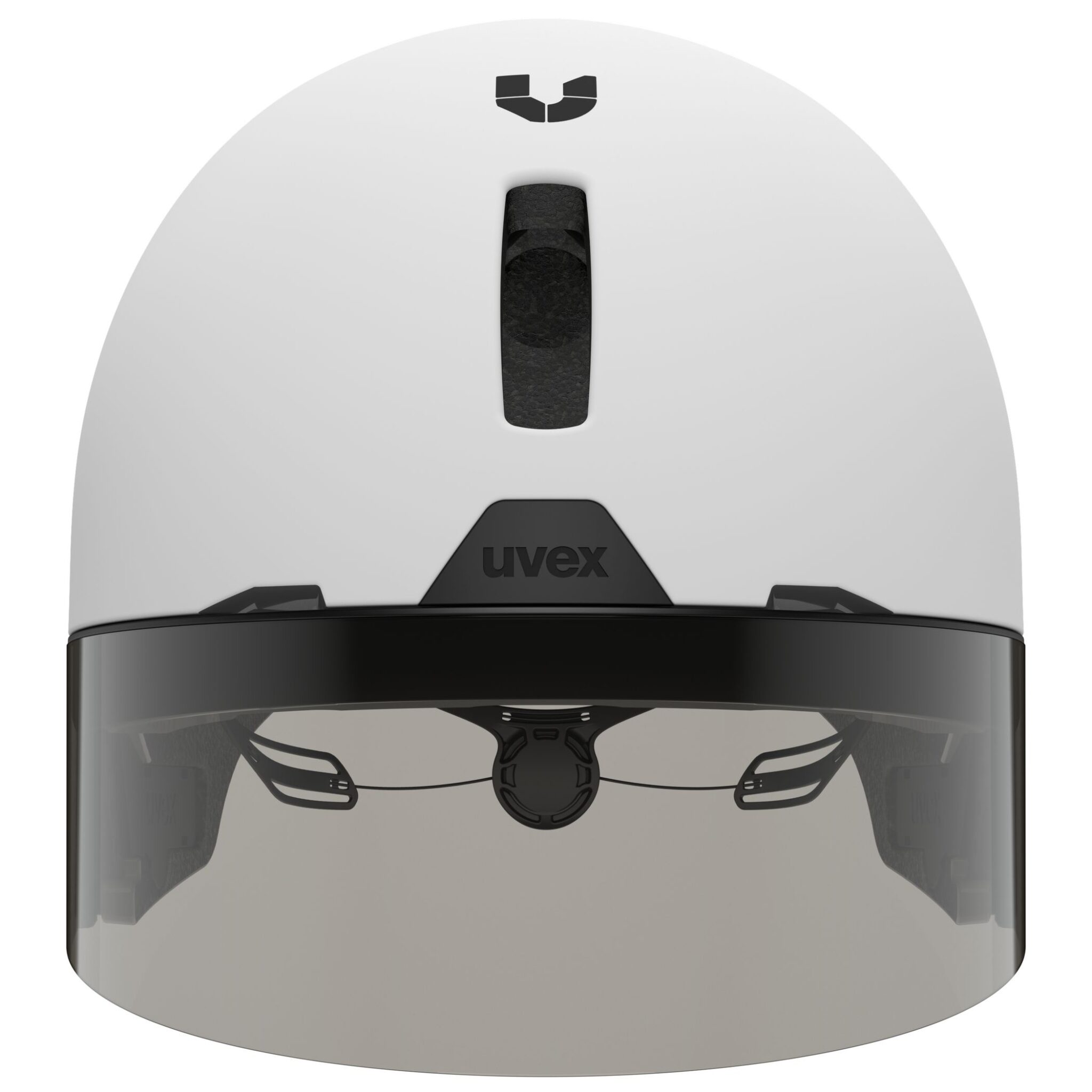 Front view of the uvex Ultimate Race X showing the litemirror silver category 2 visor and its magnetic mount